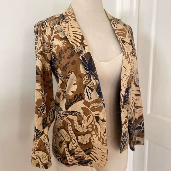 Vintage Melrose Linen One Button Open Front 3/4 Sleeve Brown Navy Floral Jacket - Picture 6 of 7